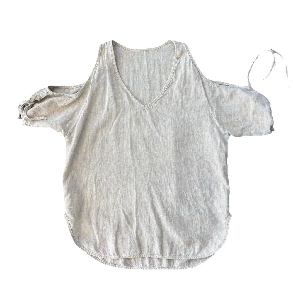 Linen Karen Kane top Shirt Medium Oat Tan V Neck Cold Shoulder Batwing Sleeve